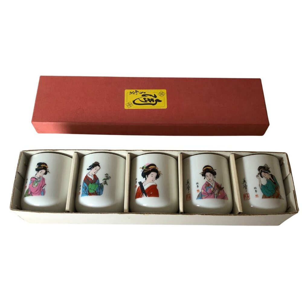 Japanese Porcelain Teacups Set Of 5 Geisha Art Red Box